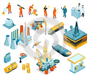 Isometric Oil Industry Workers Icon Set