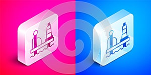 Isometric Oil platform in the sea icon isolated on pink and blue background. Drilling rig at sea. Oil platform, gas fuel