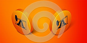 Isometric Oil pump or pump jack icon isolated on orange background. Oil rig. Orange circle button. Vector