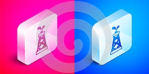 Isometric Oil rig icon isolated on pink and blue background. Gas tower. Industrial object. Silver square button. Vector