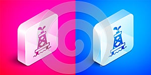 Isometric Oil rig icon isolated on pink and blue background. Gas tower. Industrial object. Silver square button. Vector