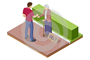 Isometric An old hungry woman asks for money for food. Homeless needing help, begging money women, bum.