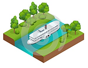 Isometric Old paddle steamer ship on the river. Water transport. Riding on the river. Flat 3d illustration. For