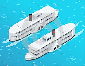 Isometric Old paddle steamer ship on the river. Water transport. Riding on the river. Flat 3d illustration. For