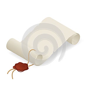 Isometric old paper scroll or parchment scroll isolated on white background. Graduation diploma icon