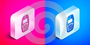 Isometric Old vintage keypad mobile phone icon isolated on pink and blue background. Retro cellphone device. Vintage 90s