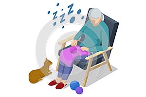 Isometric old woman knits. Granny knitting in her armchair next to a cat playing with a ball of yarn. Hobbies