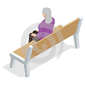 Isometric old woman sitting on a bench and resting , back view, Isolated on white background
