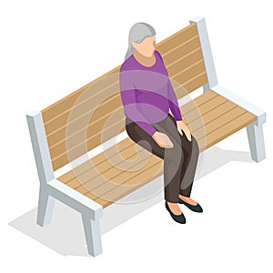 Isometric old woman sitting on a bench and resting , front view, Isolated on white background