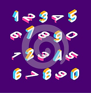 Isometric olored numbers 3d. Three-dimensional alphabet. Low poly 3d characters. Vector illustration