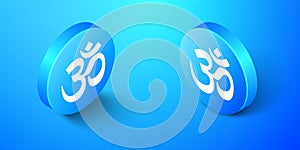 Isometric Om or Aum Indian sacred sound icon isolated on blue background. The symbol of the divine triad of Brahma