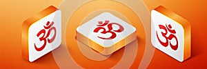 Isometric Om or Aum Indian sacred sound icon isolated on orange background. The symbol of the divine triad of Brahma