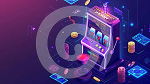 Isometric one-armed bandit landing page. Online casino gambling house with 777 number jackpot. Gaming industry business