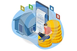 Isometric Online Bill Payment. Home Utilities Bill Payment Services Concept. Gas, Water, Electricity Supply. Save energy