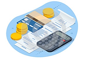 Isometric Online Bill Payment. Home Utilities Bill Payment Services Concept. Gas, Water, Electricity Supply. Save energy