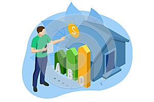 Isometric Online Bill Payment. Home Utilities Bill Payment Services Concept. Gas, Water, Electricity Supply. Save energy