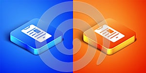 Isometric Online book on mobile icon isolated on blue and orange background. Internet education concept, e-learning