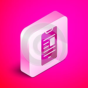 Isometric Online book on mobile icon isolated on pink background. Internet education concept, e-learning resources