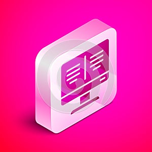 Isometric Online book on monitor icon isolated on pink background. Internet education concept, e-learning resources