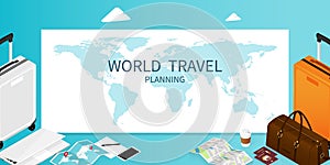 Isometric online booking ,passport world map,trip plan travel banner vector