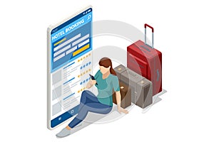 Isometric Online booking phone application. Buying ticket with smartphone. People booking hotel and search reservation