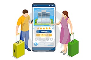 Isometric Online booking phone application. Buying ticket with smartphone. People booking hotel and search reservation