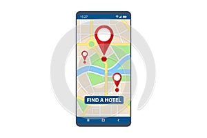 Isometric Online booking phone application. Buying ticket with smartphone. People booking hotel and search reservation