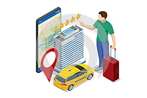 Isometric Online booking phone application. Buying ticket with smartphone. People booking hotel and search reservation