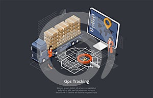 Isometric Online Cargo Delivery Tracking System With Gps Position Of the Truck. Workers are Monitoring The Location Of