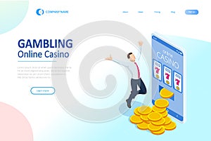 Isometric Online Casino Concept. Online Big Slots Casino Marketing Banner, Gaming Apps Web landing page template.