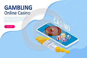 Isometric Online Casino Concept. Online Big Slots Casino Marketing Banner, Gaming Apps Web landing page template.