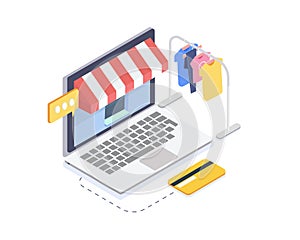 Isometric online clothes store.Online shopping and consumerism concept.3D Vector illustration photo