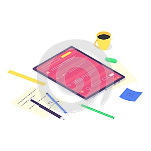Isometric online computer study and teaching concept, technology learn and tutorial network design vector illustration