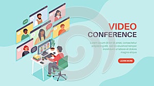 Isometric online conference. Corporate web chat, people group internet communication, man talks remotely with colleagues