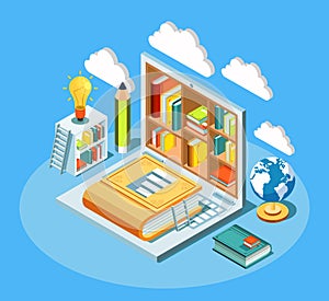 Isometric online education composition with laptop and books. Electronic library and cloud computing concept vector