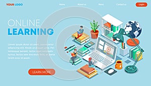 Isometric online education concept in modern flat design. Landing page template for training courses, tutorials, and lectures. photo