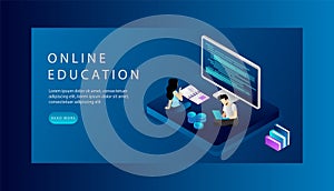 Isometric Online Education Website Landing Page Concept. Cartoon Tiny People Are Studying Online, Doing Tasks On