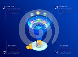 Isometric online funnel generation sales, customer generation, digital marketing and e-business technology concept