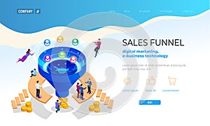 Isometric online funnel generation sales, customer generation, digital marketing and e-business technology concept