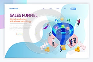 Isometric online funnel generation sales, customer generation, digital marketing and e-business technology concept