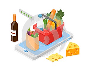 Isometric online grocery. Food order service app for smartphone. Delivery and reviews about drinks and goods, vegetables