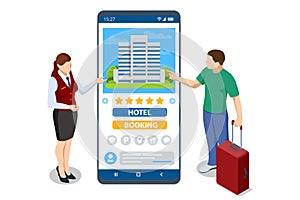 Isometric online hotel booking concept. Buying ticket with smartphone. People booking hotel and search reservation for