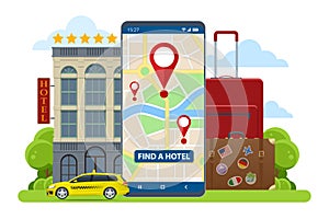 Isometric online hotel booking concept. Buying ticket with smartphone. People booking hotel and search reservation for