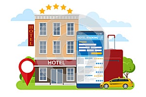 Isometric online hotel booking concept. Buying ticket with smartphone. People booking hotel and search reservation for