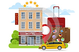 Isometric online hotel booking concept. Buying ticket with smartphone. People booking hotel and search reservation for