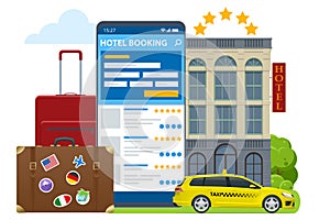 Isometric online hotel booking concept. Buying ticket with smartphone. People booking hotel and search reservation for