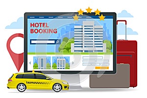 Isometric online hotel booking concept. Buying ticket with smartphone. People booking hotel and search reservation for