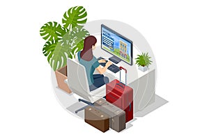 Isometric online hotel booking concept. Buying ticket with smartphone. People booking hotel and search reservation for photo