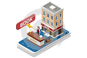 Isometric Online Hotel Booking Concept. Characters Planning Trip and Choosing Destination. People Booking Hotel and