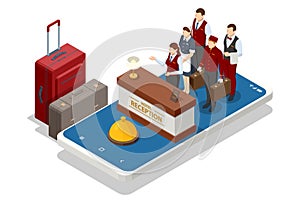 Isometric Online Hotel Booking Concept. Characters Planning Trip and Choosing Destination. People Booking Hotel and